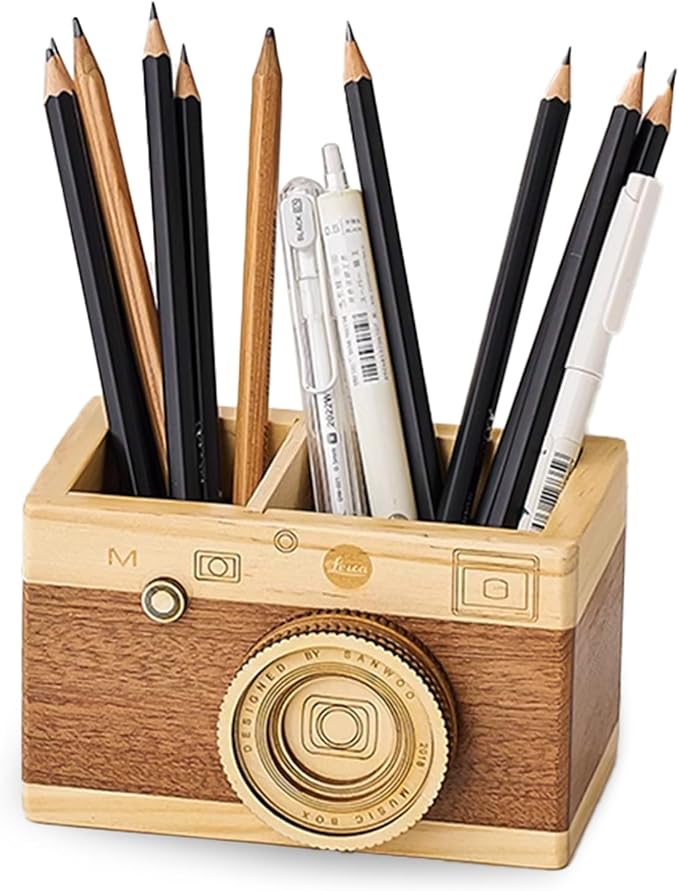 Vintage Wooden Camera Pencil Holder – Retro Desk Organizer by Unknown