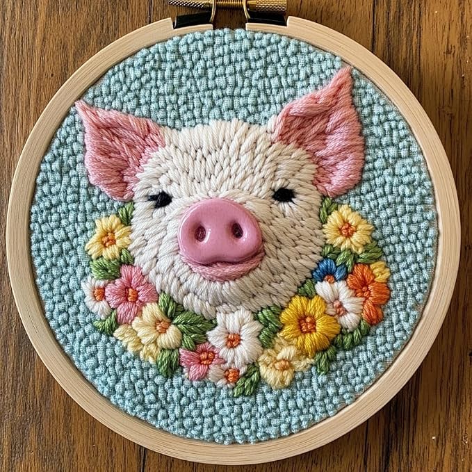 Punch Needle kit for Beginners, Flower-Crowned Pig Pattern, Punch Stitching kit by Unknown