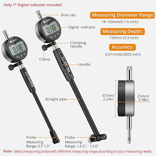 Neoteck Digital Dial Indicator Bore Gauge with 0.7"-6"/0.0005" Measuring Range and 6" Measuring Depth Dial Bore Gauge Set with 23PCS Anvils for Engine Cylinder Measurement-Black