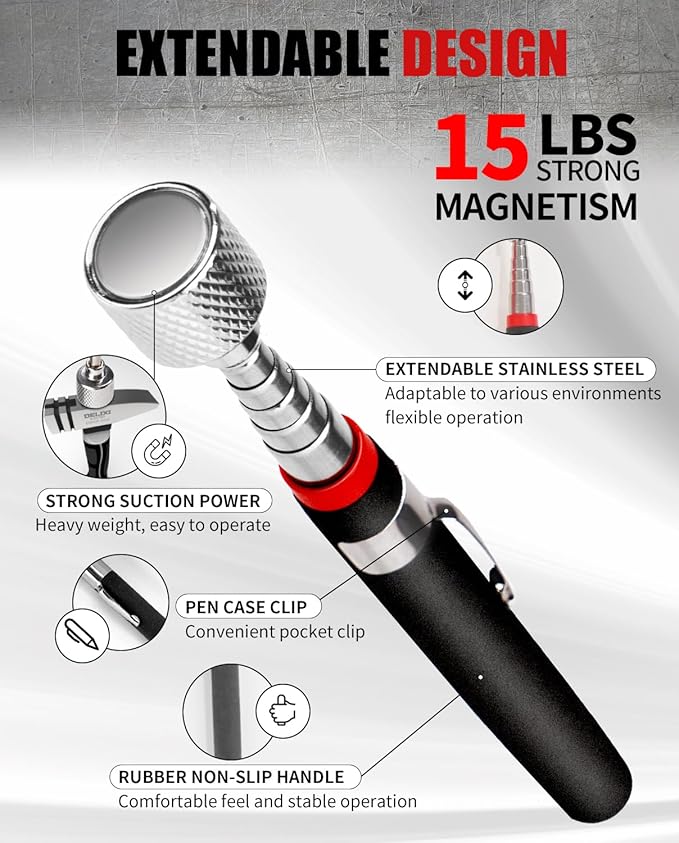 6 Pack Collapsible Magnetic Tray & Telescoping Magnetic Pickup Tool, 3 Different Size Magnetic Parts Tray for Organizing Screws, Bolts, Nuts, Washers, Pins, and Other Small Metal Parts