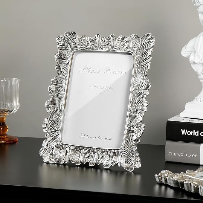 Cuspin 5x7 Picture Frame Silver Frames, Vintage Elegant Palm Leaves Textured - Image 3