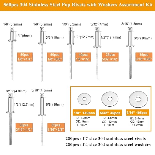560pcs 304 Stainless Steel Pop Rivets with Washers Assortment Kit,7 Sizes Pop Aluminum Rivets(1/8in 5/32in 3/16in),Assorted Blind Rivets for DIY/Automotive Repairs/Furniture with Labeled Case