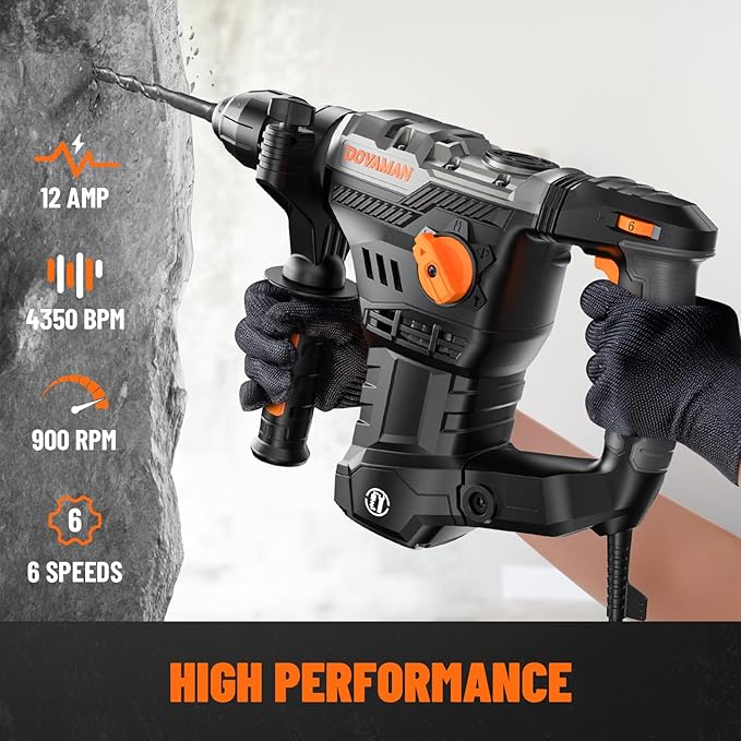 RH15A 1-9/16'' SDS-Plus Rotary Hammer Drill, 12.5Amp Heavy Duty Rotary Hammer with 4 Functions, Safety Clutch, Vibration Control, Corded Demolition Hammer for Concrete, Drill Bits and Chisels Included