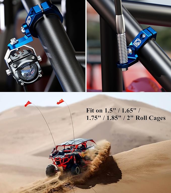 BRCOVAN 2PCS Whip Flag Mounts, Solid Aluminum Alloy UTV Whip Light Mount, Off-Road LED Light Bar Mounting Bracket, 360° Rotating Roll Bar Clamp Holder Fit on 1.5''/1.65'' /1.75''/1.85''/2'' Roll Cages