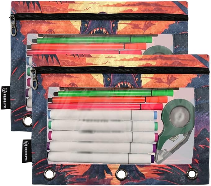 Dinosaur Pencil Pouch for 3 Ring Binder, 2 Pack Waterproof Pencil Bags Clear - Image 2