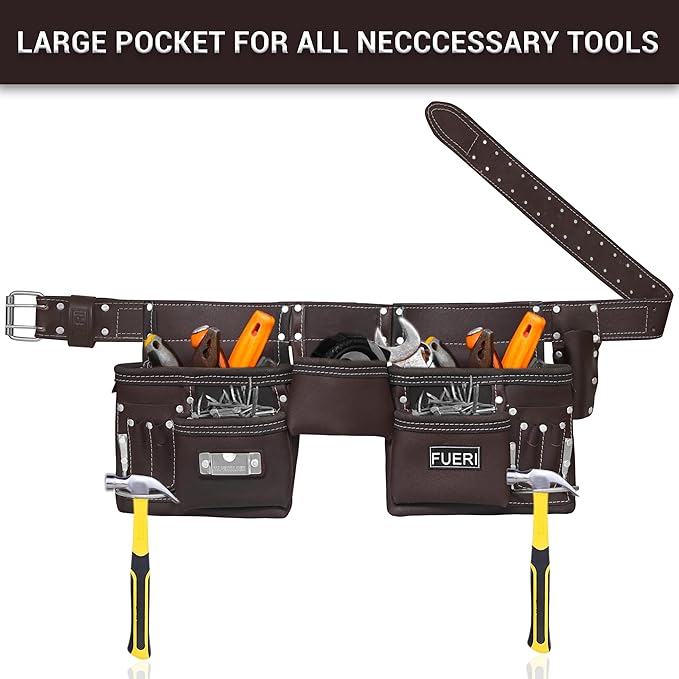 FUERI Leather Tool Belt Bag Men Pouch Heavy Duty Tools Pouches Organizer for Carpenter Construction Electrician Belts Bags Holder (11 Pocket Chocolate, Adjustable)