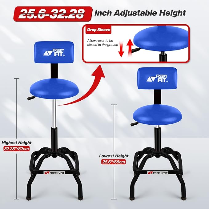 Shop Stool with Backrest, Mechanic Garage Stool for Workshop, Adjustable Shop Stools Chair, Padded Workbench Stools for Men Women, 300 LBS Capacity, 360° Swivel PVC Seat, Heavy Duty, Blue