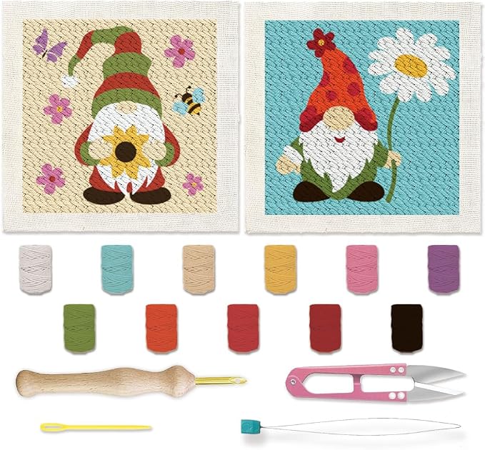 BEUNITONE 2 Sets Gnome Punch Needle Kits Flower Beginner Punch Embroidery Kits by BEUNITONE
