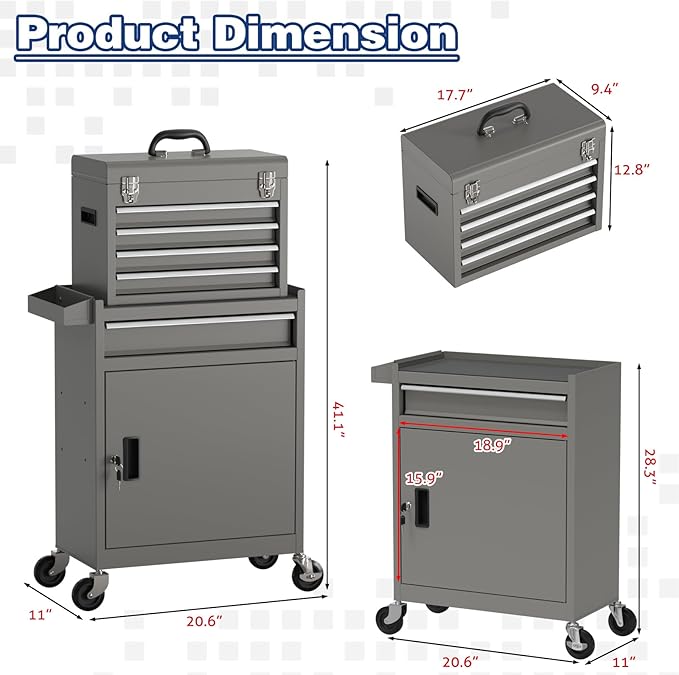 Rolling Tool Box with Wheels, 5-Drawer High Capacity Tool Chest with Wheels, Removable Storage Toolbox with Lock for Garage, Workshop