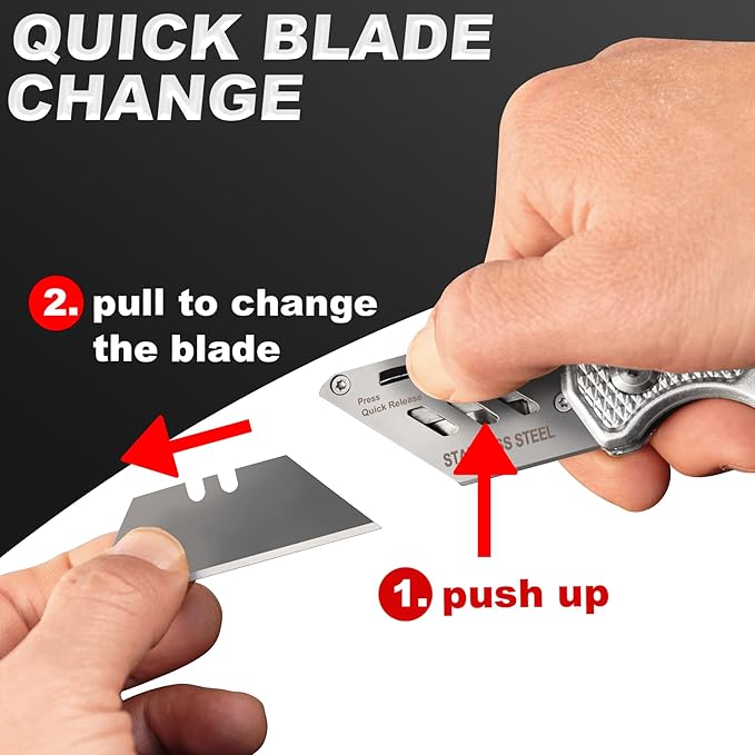 HAUTMEC 3-Pack Folding Utility Knife, Heavy-Duty Aluminum Box Cutter with Quick-Change Blades & Lock-Back Safety Design, Ergonomic Streamlined Grip Includes 15 Extra SK5 Blades, HT0429