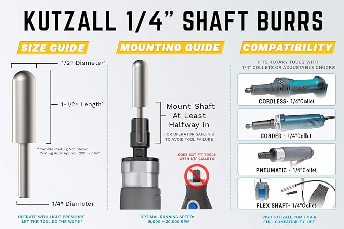 Kutzall Extreme Ball Nose Burr, 1⁄4" Shaft, Very Coarse - Wood Carving Bit for Bosch, DeWalt, Milwaukee. Abrasive Tungsten Carbide, 3⁄8" (9.5mm) Dia. X 1-1⁄2" (38.1mm) Length BNX-12X112C