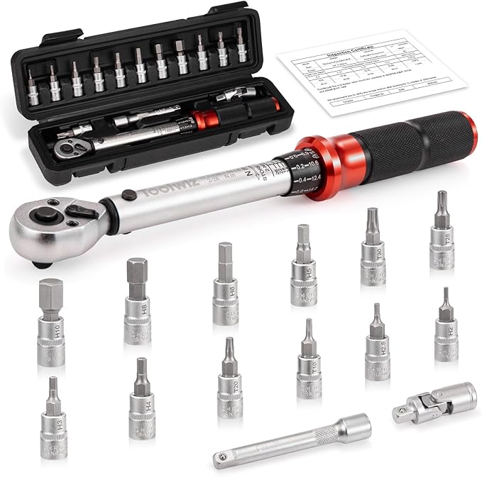 Toolwiz Bike Torque Wrench Set 1/4-Inch Drive 2-26 Nm 17.7-230.1 In-Lb 15 Pieces Torque Wrenches Tool Kit 72 Tooth Dual-Direction Click Type for Bicycle, MTB, Car Repair, Home Maintance