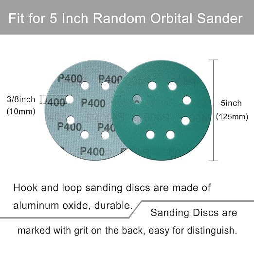 5 Inch 8 Hole Sanding Discs, 50 Pcs Wer Dry Sandpaper 400 Grit Hook and Loop Green Polyester Film Backed Sanding Disc for Random Orbital Sander Wood Car Metal Plastic (400 Grit, 50 Pack)