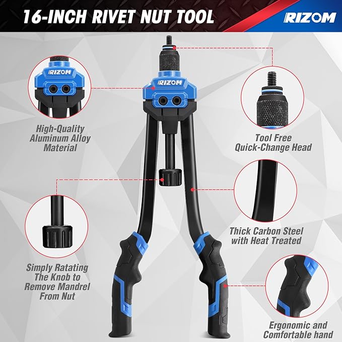 Rizom Rivet Nut Tool, 16” Rivnut Tool Kit with 13 Metric and SAE Mandrels, Threaded Nutsert Tool, 168PCS Rivet Nut Assortment Kit in Organized Carrying Case