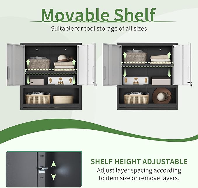Garage Wall Cabinet Metal Storage Cabinet with Lock Wall Mounted Heavy Duty Steel Tool Cabinet with Doors and Shelf Hanging Cabinets for Garage Warehouse Bathroom Kitchen,Assembly Required