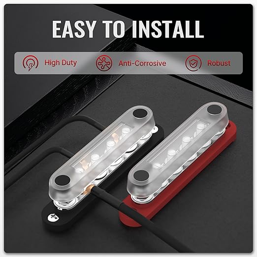 12V Bus Bar 250A Power Distribution Block, 12 Volt Busbars 6 x 5/16" (M8) Terminal Studs Positive & Negative for Car, Marine, Solar Systems