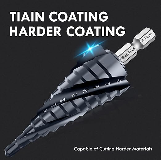 𝗠𝗔𝗖𝗫𝗖𝗢𝗜𝗣 𝗙𝗼𝘂𝗿 𝗦𝗽𝗿𝗶𝗮𝗹 𝗙𝗹𝘂𝘁𝗲 M35 Cobalt Step Drill Bit, 1/8"-7/8" (3PCS) Ultra 𝗧𝗶𝗔𝗜𝗡 Coated, 1/4" Hex Shank Drill Bit for Metal, Stainless Steel, Aluminum, Copper, Wood, PVC