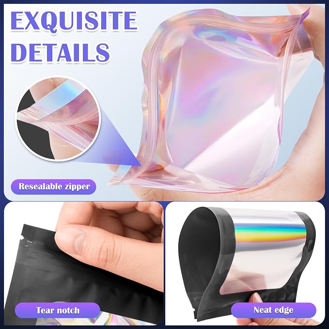 JETMORE 300 Pcs Mylar Bags, Smell Proof Bags Foil Pouch, Holographic Resealable - Image 5