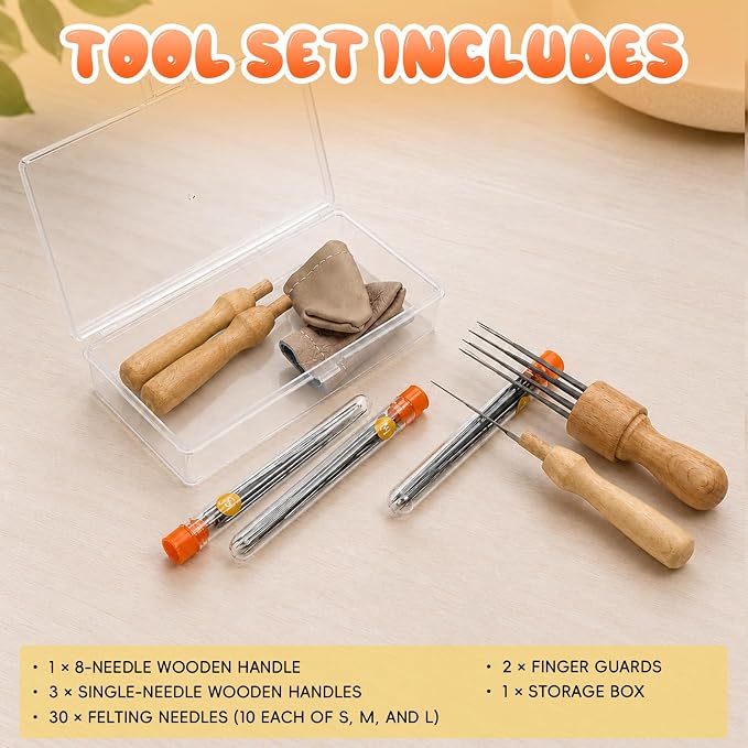 Needle Felting Kit with 8-Needle Tool & 3 Single-Needle Handles | 30 Barbed - Image 4