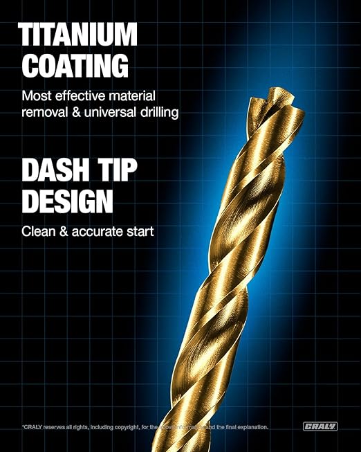 CRALY 15-Piece Cobalt Drill Bit Set, M35 HSS Titanium Coated Jobber Length Twist Drill Bits, Dash Tip & 135 Degree Split Point, 3-Flat Shank, for Hard Metal, Stainless Steel, Cast Iron, Plastic