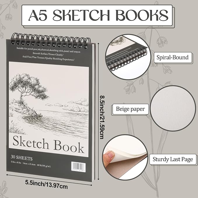 Jexine 60 Pcs 5.5'' x 8.5'' Top Spiral Bound Sketch Book 30 Sheet Each - Image 2