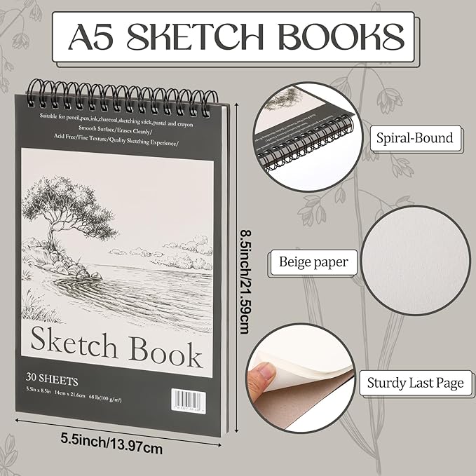 Jexine 10 Pcs 5.5'' x 8.5'' Top Spiral Bound Sketch Book 30 Sheet Each - Image 2