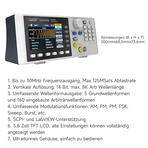 OWON Waveform Generator,30MHz Bandwidth, 125MSa/s Sampling Rate, 14 bits Vertical Resolution, 8K Waveform Length,5 Basic Waveforms, and 160 built-in Arbitrary Waveforms, with 3.6IN LCD Display DGE1030