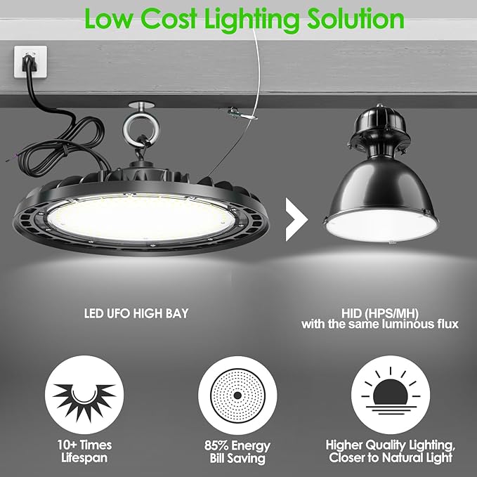 LED High Bay Light 150W, 10' UFO Commercial Lighting Fixture w/Isolated Power Supply, w/Plug for Garage Shop Warehouse Workshop, 5000k 21000lm Dimmable IP65 UL ETL Listed (1-Pack)
