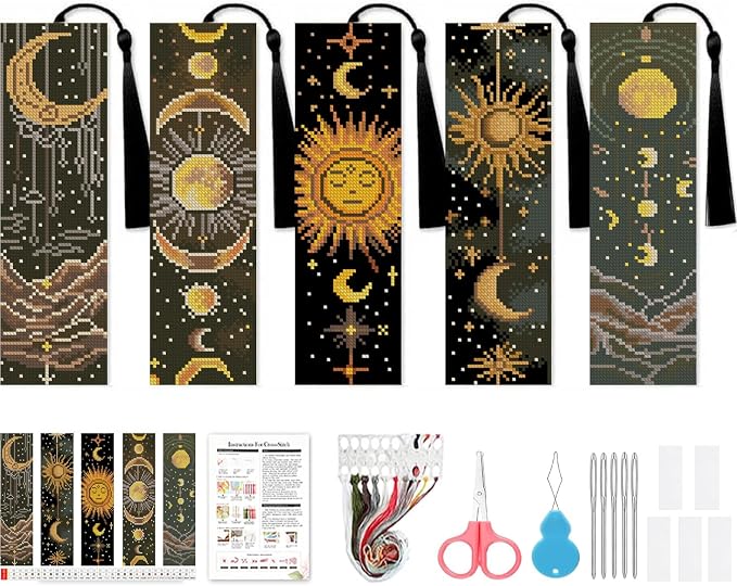 VIGEGU 5 Pcs Sun Moon Landscape Cross Stitch Bookmark Kit by VIGEGU