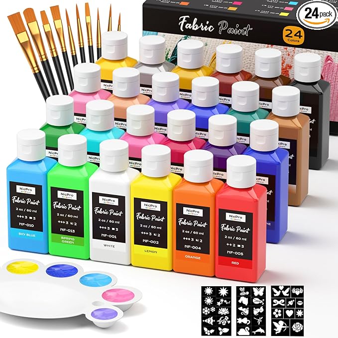 Nicpro 24 Colors Fabric Paint, Permanent Soft Fabric Paint Set by Nicpro