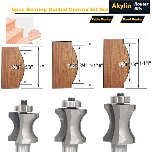 Akylin's 6Pcs Convex Edge Oval Router Bit Set 1/2" Shank, Shallow Bullnose at at 5/16",3/8",1/2",5/8",3/4",7/8" Length,Convex Column Molding Router Bits-Perfect for Stair Treads and Shelf Edges