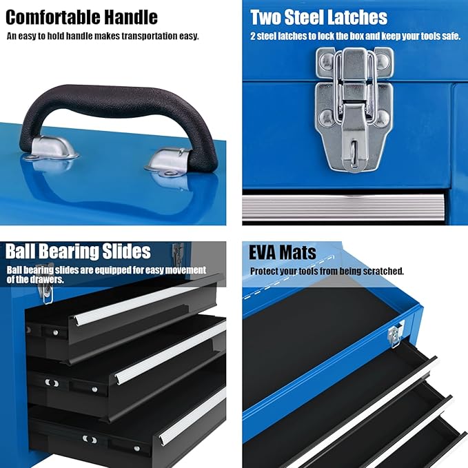 Goplus Tool Box with 3 Drawers, 4-Tier 20" Portable Tool Chest Organizer with Top Tool Tray, Auto Lock, Protective Liner, Handle, Steel Metal Small Toolbox for Gargae, Workshop, Home