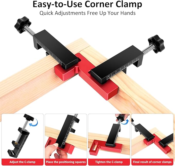Corner Clamps for Woodworking - Durable & Versatile 90 Degree Right Angle Clamps, 2 Pack 2" x 4" Aluminum Positioning Squares with 4 C-Clamps for Cabinets, Frames, and Drawers