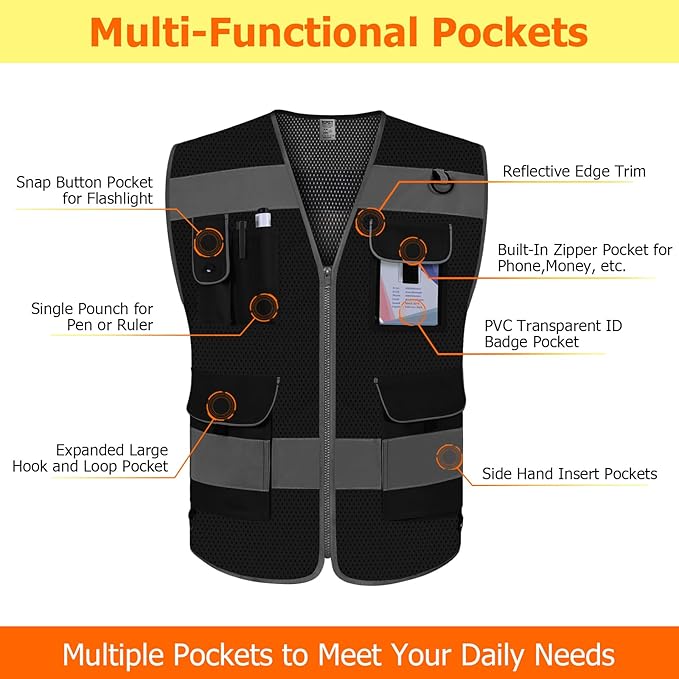 TCCFCCT Mesh Safety Vest for Men Women, 9 Pockets High Visibility Reflective Safety Vest, Hi Vis Construction Vest with Reflective Strips, Meets ANSI/ISEA Standards, (Black, Small)