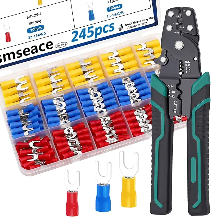 smseace 246pcs Crimping Tool with Fork Spade Connectors 3-Sizes M4/#8 22-10AWG Wire Fork Connectors U-Type Terminal Multifunction Wire Crimping Tool