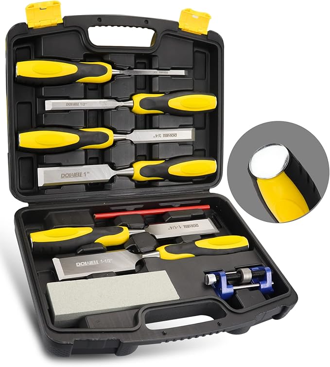 DOWELL 10PCS Wood Chisel Tool Set Sturdy Chisel, 1/4 inch,1/2 inch,3/4 inch,1 inch, 1-1/4",1-1/2"，Honing Guide,Sharpening Stone with Storage Box for Woodworker or Carpentry