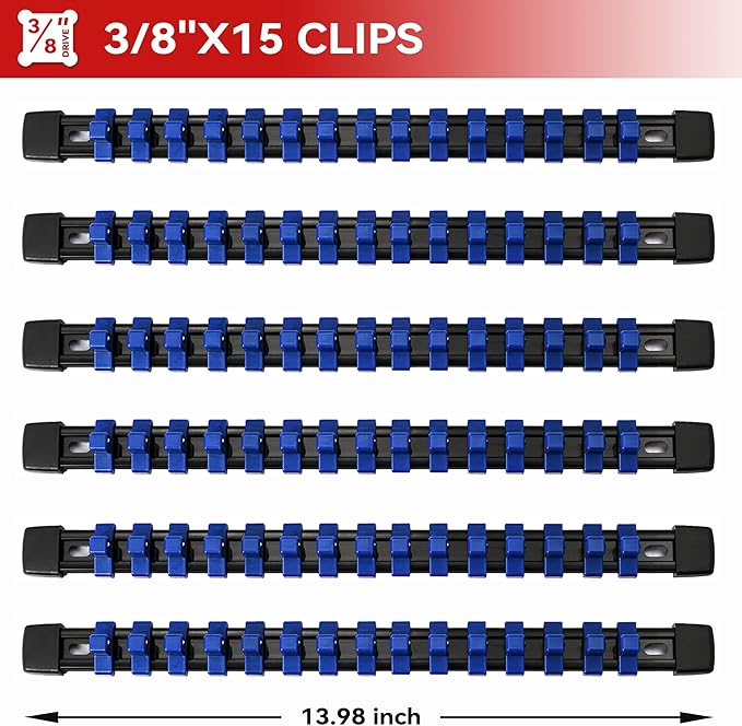 ALOANES 6 PC ABS Socket Organizer, 3/8 inch, Drive Socket Rail Holders, Heavy Duty Socket Racks, Black Rails with Blue Clips