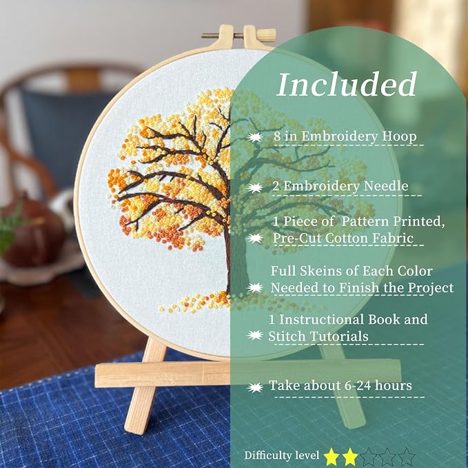 FONNUY Crewel Embroidery Kit for Beginners, Seasonal Tree Pre-Stamped Pattern - Image 2