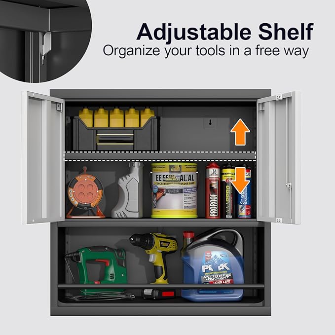 GREATMEET 31" H Garage Storage Cabinets, Lockable Storage Cabinet, Metal Wall Cabinet with Doors for Garage, Black&Grey