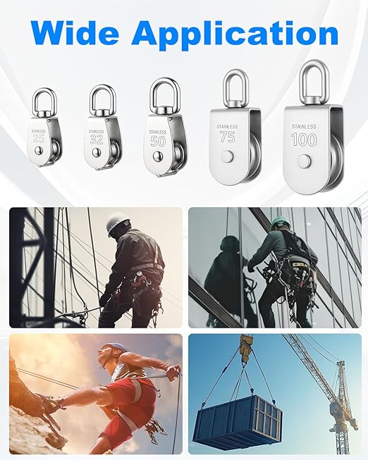 Rocaris M100 Lifting Single Pulley Roller Loading 3300Ibs, 304 Stainless Steel Heavy Duty Single Wheel Swivel Lifting Rope Pulley Block