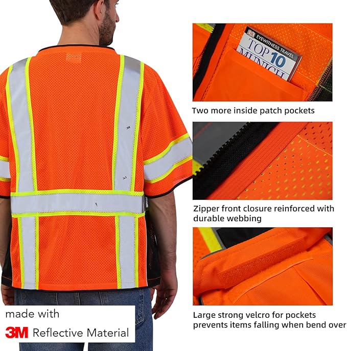 Dib Safety Reflective Mesh Vest ANSI Class 3, High Visibility with Pockets and Zipper, Made with 3M Reflective Tape, Orange XL