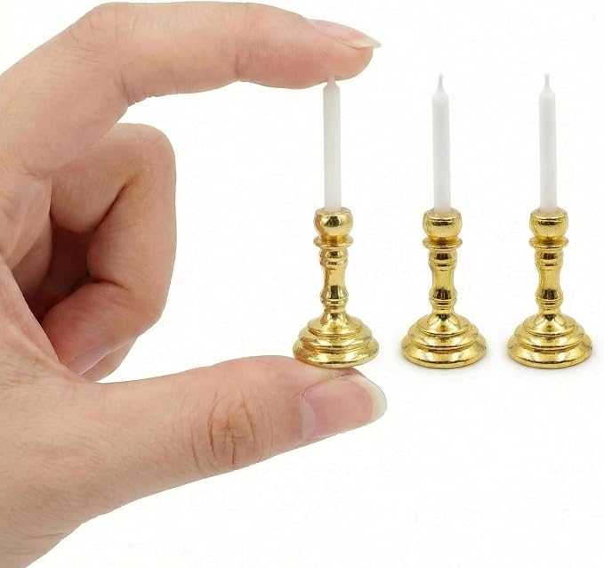 3PCS Vintage Miniature Candlesticks Set 1:12 Scale Metal Base Candle Holder by Makeeverychoiceabeautiful