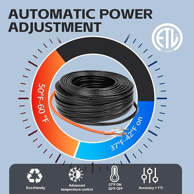 120FT（3FT-200FT）Pipe Heating Cable for Pipe Freeze Protection, Heat Cable for Water Pipes(Metal and Plastic), Pipe Heat Tape Keeps Water Flowing at -40°F 5w/ft, 120V