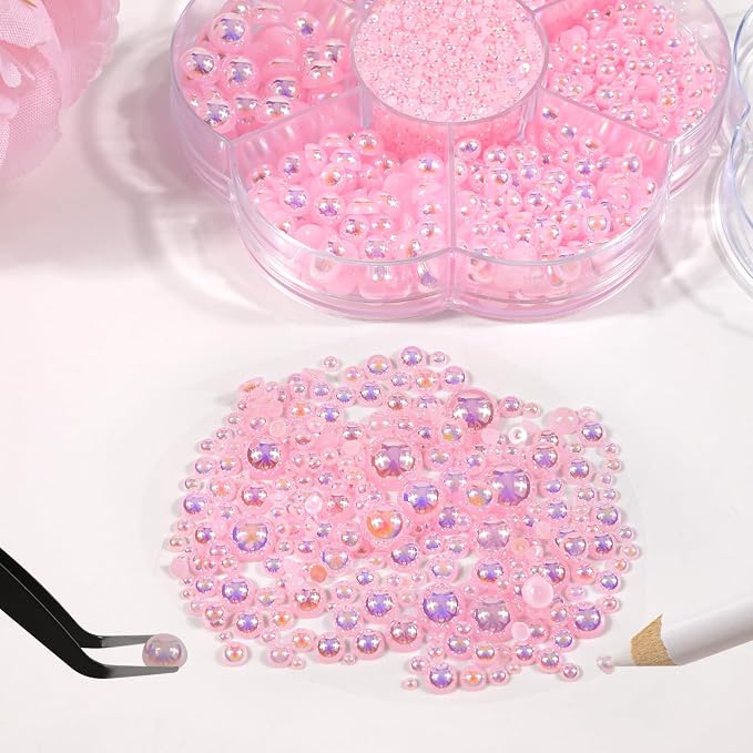 NACHLYNN 6480 Pcs Flat Back Pearl 7 Sizes AB Light Pink Half Round Beads - Image 4