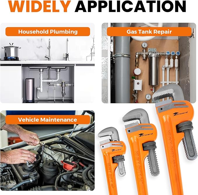 Forward 3pcs Pipe Wrench Set - 10", 14", 18" Heavy Duty Ductile Iron & Forged Steel Plumbing Wrench Hand Tools Kit