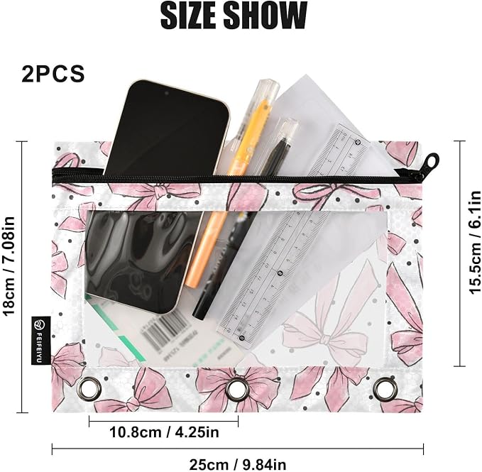 Cute Bows Pink Pencil Pouch for 3 Ring Binder, 2 Pack Waterproof Pencil Bags - Image 3
