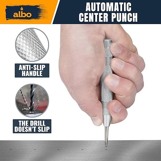 ALBO Spring Loaded Center Punch Tool – 5 Inch Automatic Punch for Metal, Wood, Steel – Heavy Duty Drill Punch – Durable Galvanized Coating, Precision Tip for DIY, Workshop & Professional Use (1pc)
