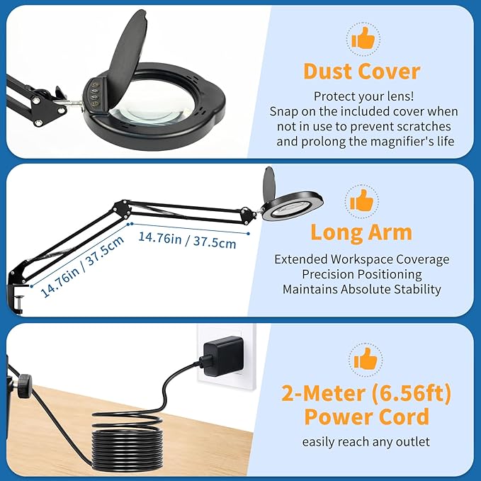 15x Magnifying Lamp with Remote & Dust Cover, Long Arm Hand Free Magnifying Glass with Light and Clamp Stand 5 Color Dimmable LED Desktop Magnifier Lamp with Light for Read Craft Hobby Close Work