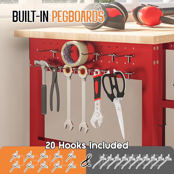 SPECRAFT 96" Red Adjustable Heavy Duty Workbench with 4 AC Outlet and 2 USB Ports Power Outlets, 5000 Lbs Capacity, Rubber Wood Top for Garage, Workshop, Office