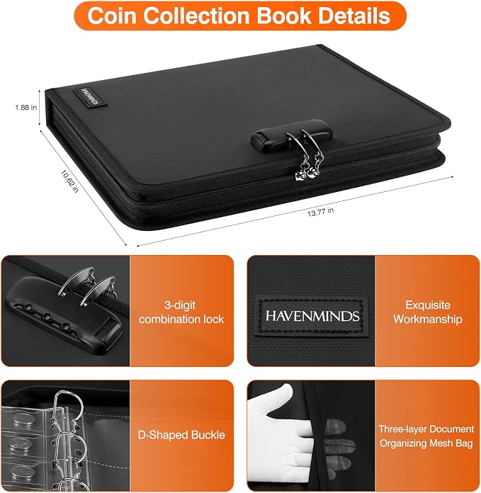 Coin Collection Book with Lock, Fireproof Holders - Image 6